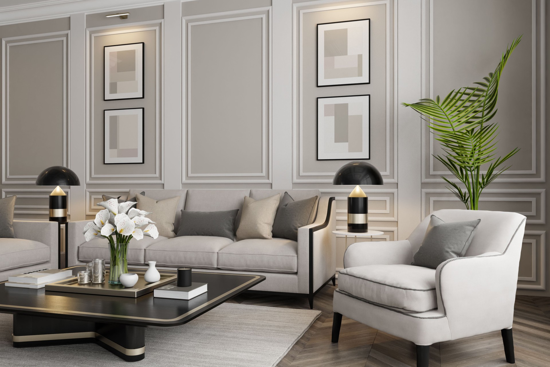 Elegant Neo-Classical Parisian Luxury Living Room with Modern Touches